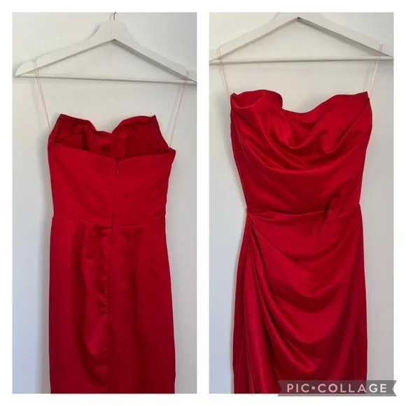 House of CB London XS Adrienne Red Scarlet Strapless Gown Ruched - Picture 5 of 11